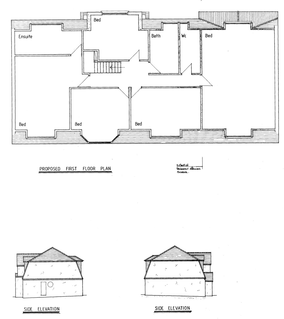 Proposed first-floor plan and side elevations, identifying labels removed
