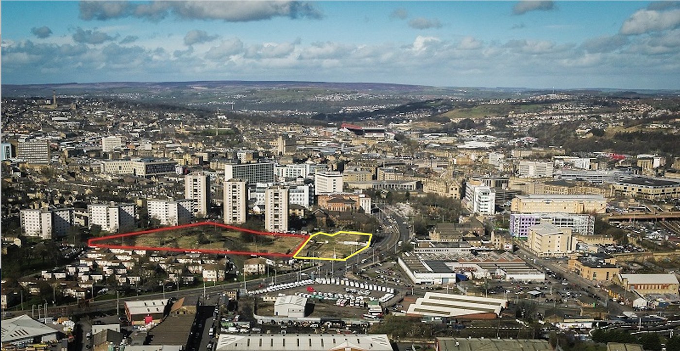 Bradford development site aerial view with site boundaries